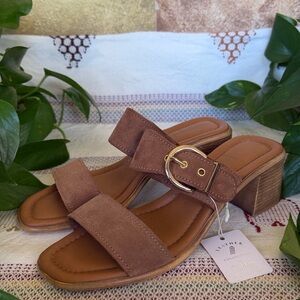 NEW Italian Shoemakers Leather Suede Detour Buckle Mule Heel Sandals, Size 9.5